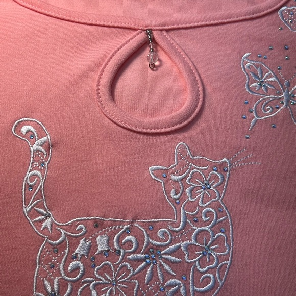Quacker Factory Pink 3/4 Length Sleeve Top with Cat and Butterfly Embroidery - Picture 10 of 10